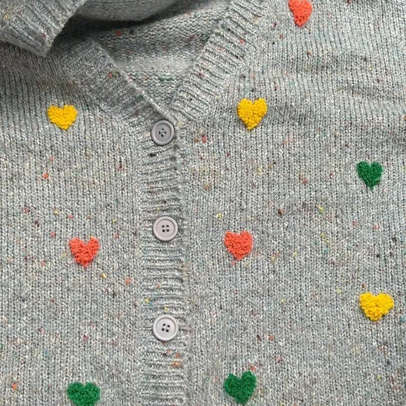 Vintage Hand Knit Embroidered Hearts Cardigan Sweater Cute Cozy Girly Handmade - Picture 6 of 8